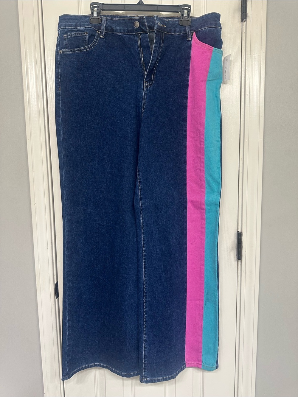 NWT…New York & Company Dark Blue Jeans with Pink and Teal Side Stripes